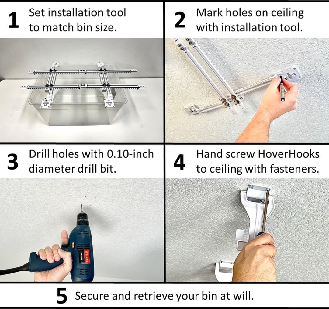 HoverHooks makes overhead storage easy.  Great for overhead garage storage / garage ceiling storage.